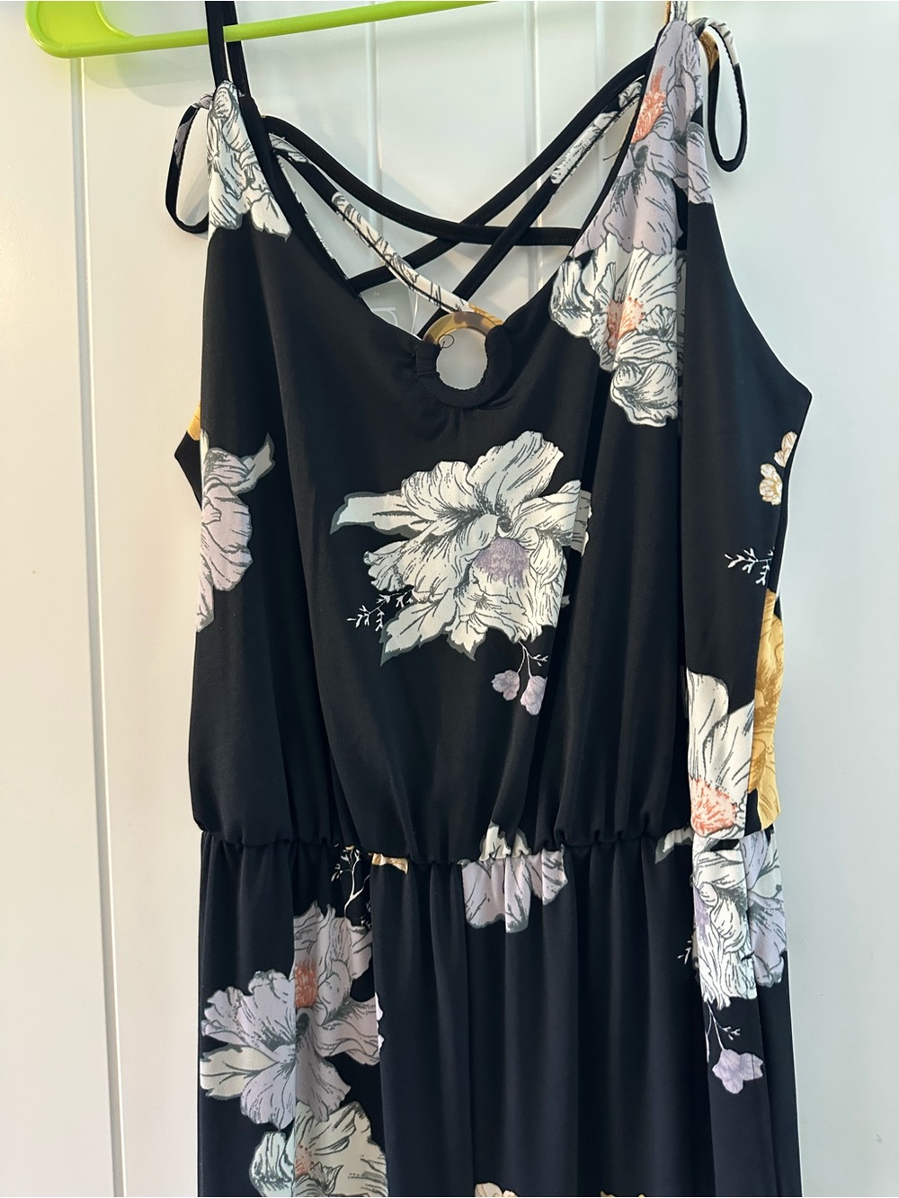 Maurices Black Floral Maxi Dress with Ring and Crisscross Straps
